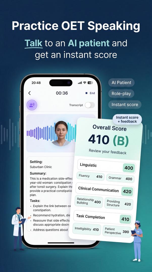 Oety AI patient role-play conversation on a phone