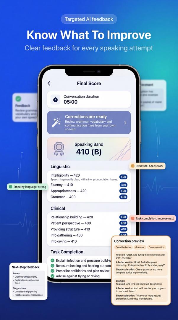 Oety OET Speaking scenario selection on a phone