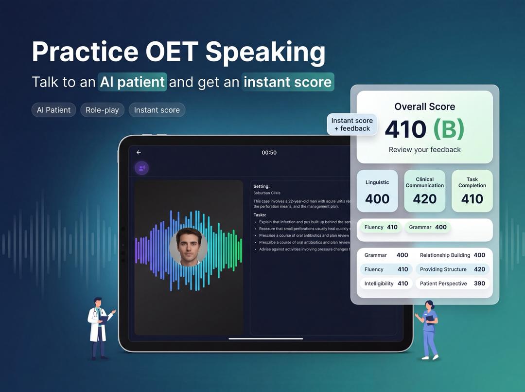 Oety OET-style practice score report on a tablet